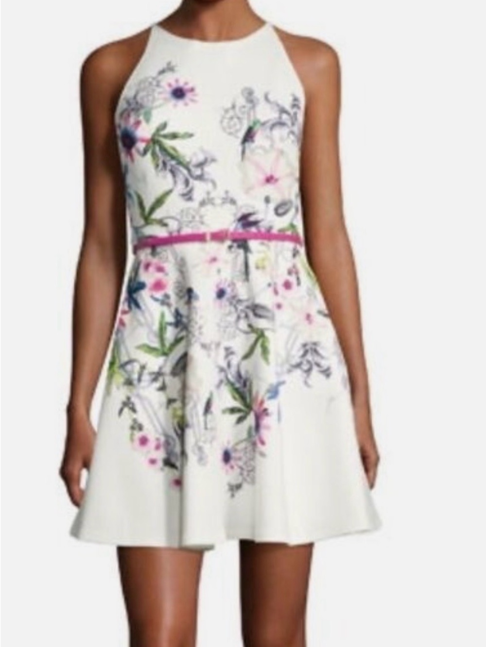 Ted Baker White Floral Midi Dress with Multi-Color Print TB 4 , USA 8/10